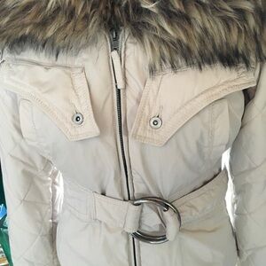 Twill Twenty Two Designer Beige Belted Jacket with Faux Fur Collar